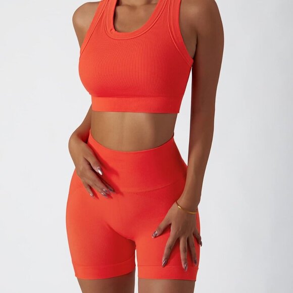 Workout Sets for Women 2 Piece Seamless Ribbed Tank Top Sport Bra High Waist Bik - Picture 3 of 6